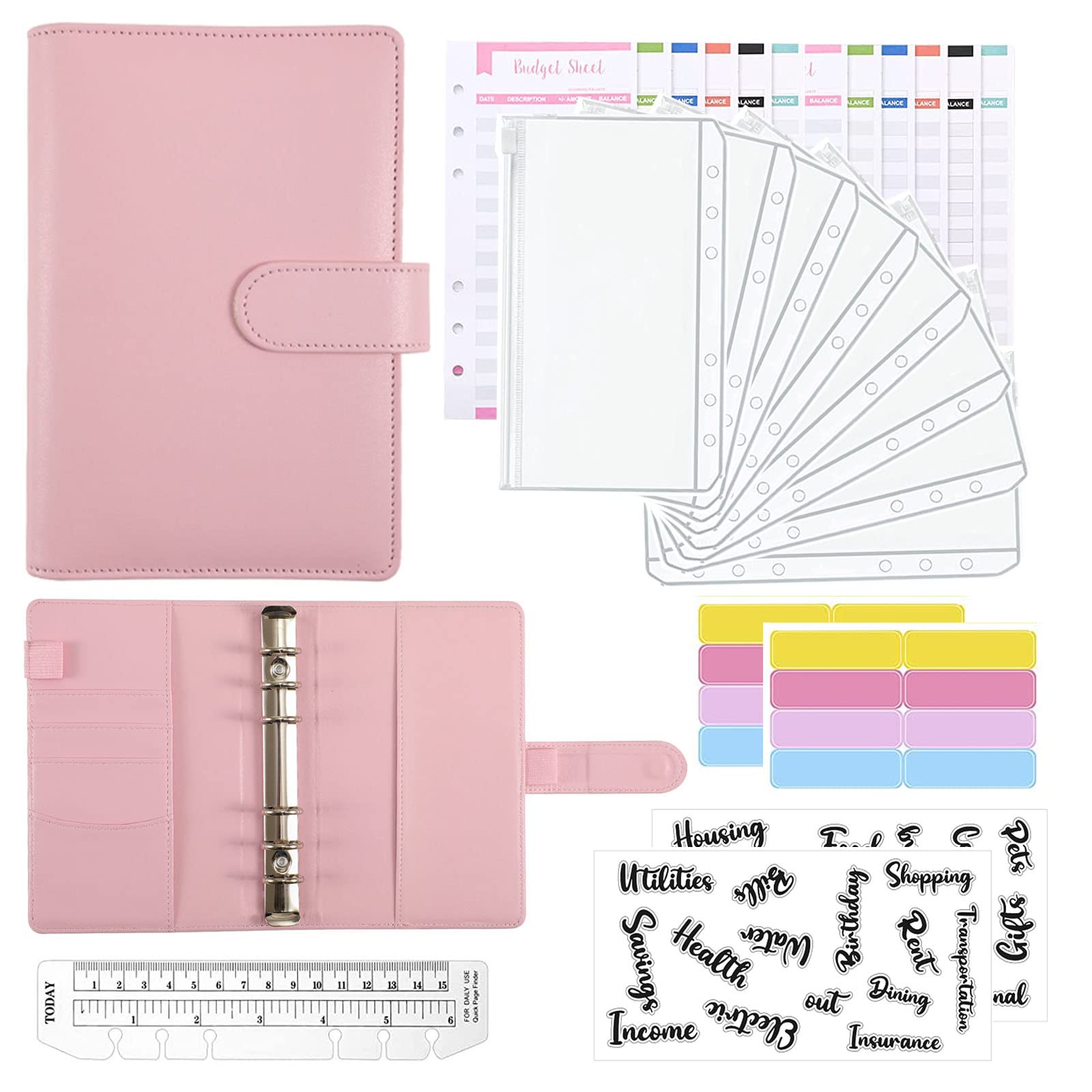 HASTHIP File Folder Ring Binder Notebook Set, A6 PU Leather Binder Clip with Envelopes, Budget Sheets, Label Stickers, 1 Ruler Stationery Supplies HASTHIP File Folder Ring Binder Notebook Set, A6 PU Leather Binder Clip with Envelopes, Budget Sheets, Label Stickers, 1 Ruler Stationery Supplies